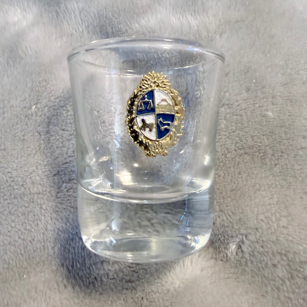 Vintage Uruguay Shot Glass Coat of Arms Raised Enamel Crest Souvenir